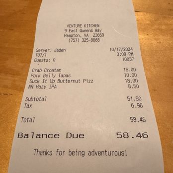 Venture Kitchen And Bar - Receipt - Pizza Near Me - Hampton, Virginia