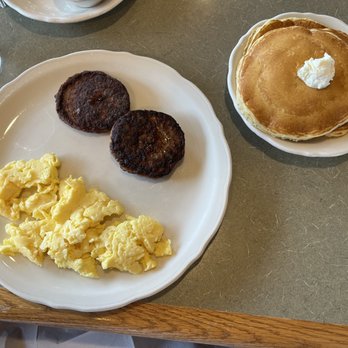The Original Pancake House - Scrambled eggs, sausage patties with buttermilk pancakes. - Pancakes Near Me - Salem, Oregon