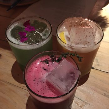 Campfire - Fantastic adult style beverages - Tequila (back left), Bourbon(back right) and Beet (front) - New American Near Me - Carlsbad, California