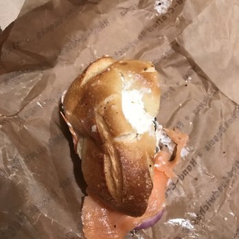 Noah's NY Bagels - Squished, messy, spread overload....wrong bagel. - Bagels Near Me - Rolling Hills Estates, California