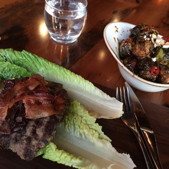 Rust Bistro Bar - Bison and boar burger on romaine with Kung pao Brussels sprouts - Wine Bars Near Me - Burlington, Ontario