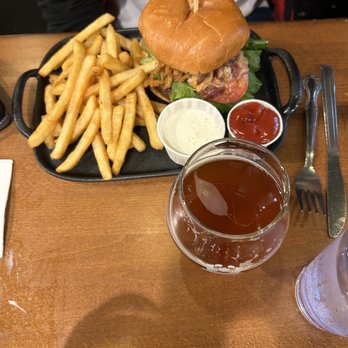 Gaston Brewing Restaurant - Southern Bacon Jam Burger with Fries. - Brewpubs Near Me - Fayetteville, North Carolina Gaston Brewing Restaurant - Southern Bacon Jam Burger with Fries. - Brewpubs Near Me - Fayetteville, North Carolina