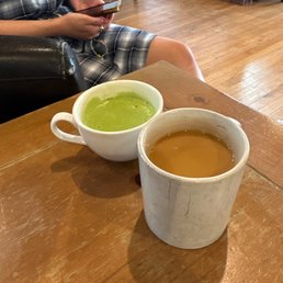 Hot Matcha with coconut milk and a strong cup of fresh brew.