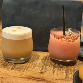 Long Weekend - Fireside Expresso vs. personalized strawberry Margarita with Tajin on Rim - New American Near Me - Houston, Texas