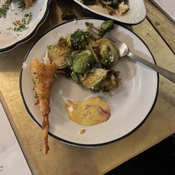 Moonshine Grill - Corn dog shrimp and brussel sprouts - Southern Near Me - Austin, Texas