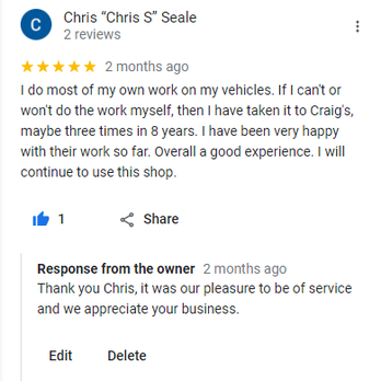 Craig's Car Care - Chris 5 star review - Oil Change Stations Near Me - Allen, Texas Craig's Car Care - Chris 5 star review - Oil Change Stations Near Me - Allen, Texas