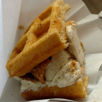 Novel Ice Cream - Half of a Leslie Knope waffle ice cream sandwich with bourbon caramel toffee crunch ice cream - Desserts Near Me - Phoenix, Arizona