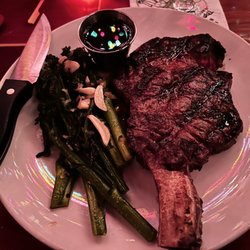 The Galley - Ribeye medium rare . Broccolini. Chimichurri sauce.