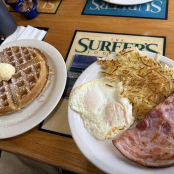 Beach Break Cafe - Waffle, Ham Steak, Hash Browns and eggs - Breakfast & Brunch Near Me - Oceanside, California