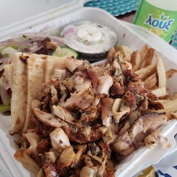 King Souvlaki - Chicken gyro platter with french fries and a lemon soda. - Food Trucks Near Me - Bayside, New York King Souvlaki - Chicken gyro platter with french fries and a lemon soda. - Food Trucks Near Me - Bayside, New York