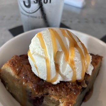 The 5 Spot - blueberry bread pudding, partially warmed - American Near Me - Savannah, Georgia