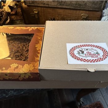 Common Man Restaurant - Boxed meal in sturdy perfectly sized boxes (two boxes, including box on the bottom, box on top right and extra pie on the left) - American Near Me - Claremont, New Hampshire
