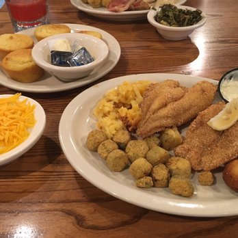 Cracker Barrel Old Country Store - Catfish platter with hush puppies, fried okra, cheese casserole, cheesy grits, and cornbread. - American Near Me - Port Huron, Michigan