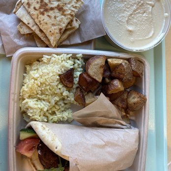 GR Kitchen - Falafel Gyro with lemon rice and potatoes. Side of hummus and pita. - Greek Near Me - Midvale, Utah