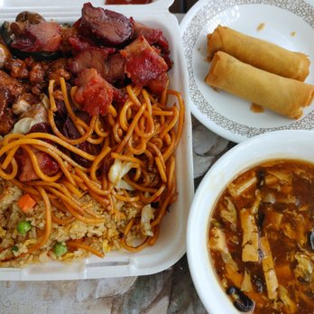 Happy Wok - 2 item combo half and half rice/chow mien with bbq pork and mushroom chicken. Added some eggrolls and hot sweet and sour soup! Yummm - Chinese Near Me - Rowland Heights, California Happy Wok - 2 item combo half and half rice/chow mien with bbq pork and mushroom chicken. Added some eggrolls and hot sweet and sour soup! Yummm - Chinese Near Me - Rowland Heights, California
