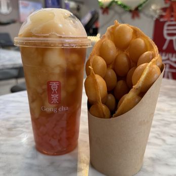 Gong Cha Arundel Mills - Peach Teaffogato with peach jelly and Original Egg Waffle - Bubble Tea Near Me - Hanover, Maryland Gong Cha Arundel Mills - Peach Teaffogato with peach jelly and Original Egg Waffle - Bubble Tea Near Me - Hanover, Maryland