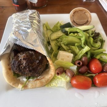 Hellenic - Beefteki Pita with salad - Greek Near Me - Coral Springs, Florida Hellenic - Beefteki Pita with salad - Greek Near Me - Coral Springs, Florida