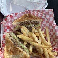 Taqueria La 5 - Brisket sandwich with fries. It's a double decker! Delicious