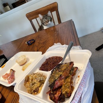 Bootleg BBQ And Catering - My combo plate and the Cat pressing me for ribs. - Barbeque Near Me - Chico, California Bootleg BBQ And Catering - My combo plate and the Cat pressing me for ribs. - Barbeque Near Me - Chico, California