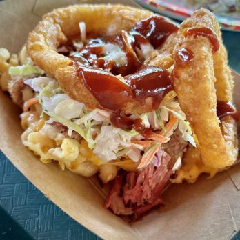 Flame Tree Barbecue - Baked Macaroni & Cheese with Pulled Pork - Barbeque Near Me - Lake Buena Vista, Florida Flame Tree Barbecue - Baked Macaroni & Cheese with Pulled Pork - Barbeque Near Me - Lake Buena Vista, Florida