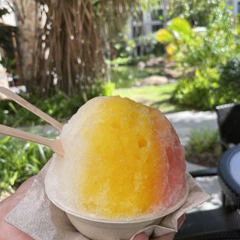 Big Wave Shave Ice Company - Mango, passion fruit, guava w/ice cream on bottom - Shaved Ice Near Me - Lahaina, Hawaii
