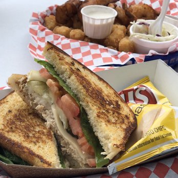 The Hungry Clam - Tuna Melt on Garlic Sourdough. Fish (half shrimp) and chips in the background. - Seafood Near Me - Brookings, Oregon
