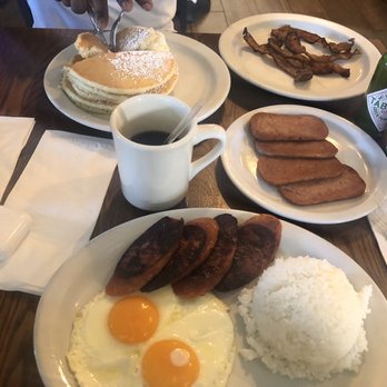 Eggs 'n Things - Top: pancakes and bacon Bottom: Island Portuguese Sausage & Eggs, white rice and a side of spam. Drinks: coffee and Apple Juice - Breakfast & Brunch Near Me - Honolulu, Hawaii Eggs 'n Things - Top: pancakes and bacon Bottom: Island Portuguese Sausage & Eggs, white rice and a side of spam. Drinks: coffee and Apple Juice - Breakfast & Brunch Near Me - Honolulu, Hawaii