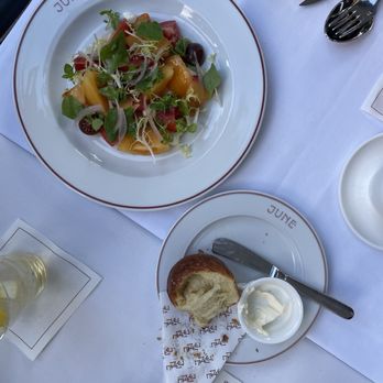 June On Cambie - Tomato/peach salad, some brioche bread - Desserts Near Me - Vancouver, British Columbia
