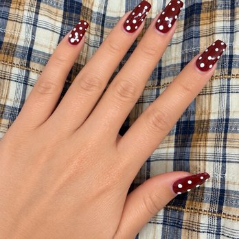 Bella Nails Lashes & Spa - Burgundy with Polkadot Nails - Eyelash Service Near Me - Garden Grove, California