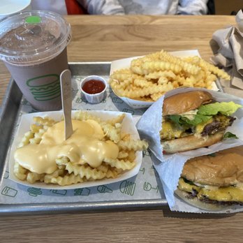 Shake Shack - Spectrum - Shack burger, fries, cheese fries, non-dairy chocolate shake - Burgers Near Me - Irvine, California Shake Shack - Spectrum - Shack burger, fries, cheese fries, non-dairy chocolate shake - Burgers Near Me - Irvine, California