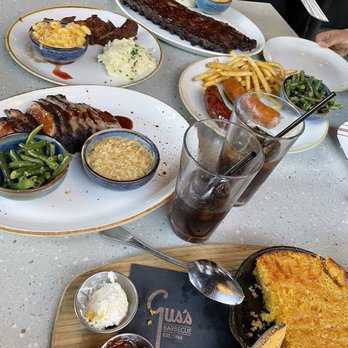 Gus's BBQ - Here is the ribs, brisket, tri tip, sausage and cornbread. - Barbeque Near Me - Porter Ranch, California