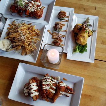 The Abbey - Wings, cod fritters, spring rolls, truffle fries - All just great! - New American Near Me - Brookline, Massachusetts