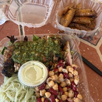 Irie Island Eats - Chimichurri chicken, bean salad, cilantro noodles, sweet plantains - Coffee & Tea Near Me - Marathon, Florida