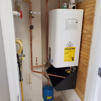 J Hood Services - They also installed the plywood backing for support AND got it up to code with a thermal expansion tank (blue). Look at all the space saved - Heating & Air Conditioning/HVAC Near Me - Manassas, Virginia J Hood Services - They also installed the plywood backing for support AND got it up to code with a thermal expansion tank (blue). Look at all the space saved - Heating & Air Conditioning/HVAC Near Me - Manassas, Virginia