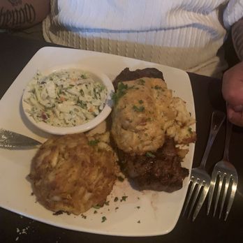 RockSalt Grille - Crab cake with steak and cold slaw. They didn't bring his bacon Mac and cheese until we left. They forgot it. - Seafood Near Me - Westminster, Maryland RockSalt Grille - Crab cake with steak and cold slaw. They didn't bring his bacon Mac and cheese until we left. They forgot it. - Seafood Near Me - Westminster, Maryland