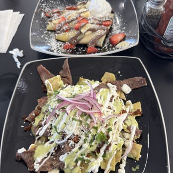 Querencia Brunch Restaurant - Green chilaquiles and strawberry banana crape. - Breakfast & Brunch Near Me - Manteca, California Querencia Brunch Restaurant - Green chilaquiles and strawberry banana crape. - Breakfast & Brunch Near Me - Manteca, California