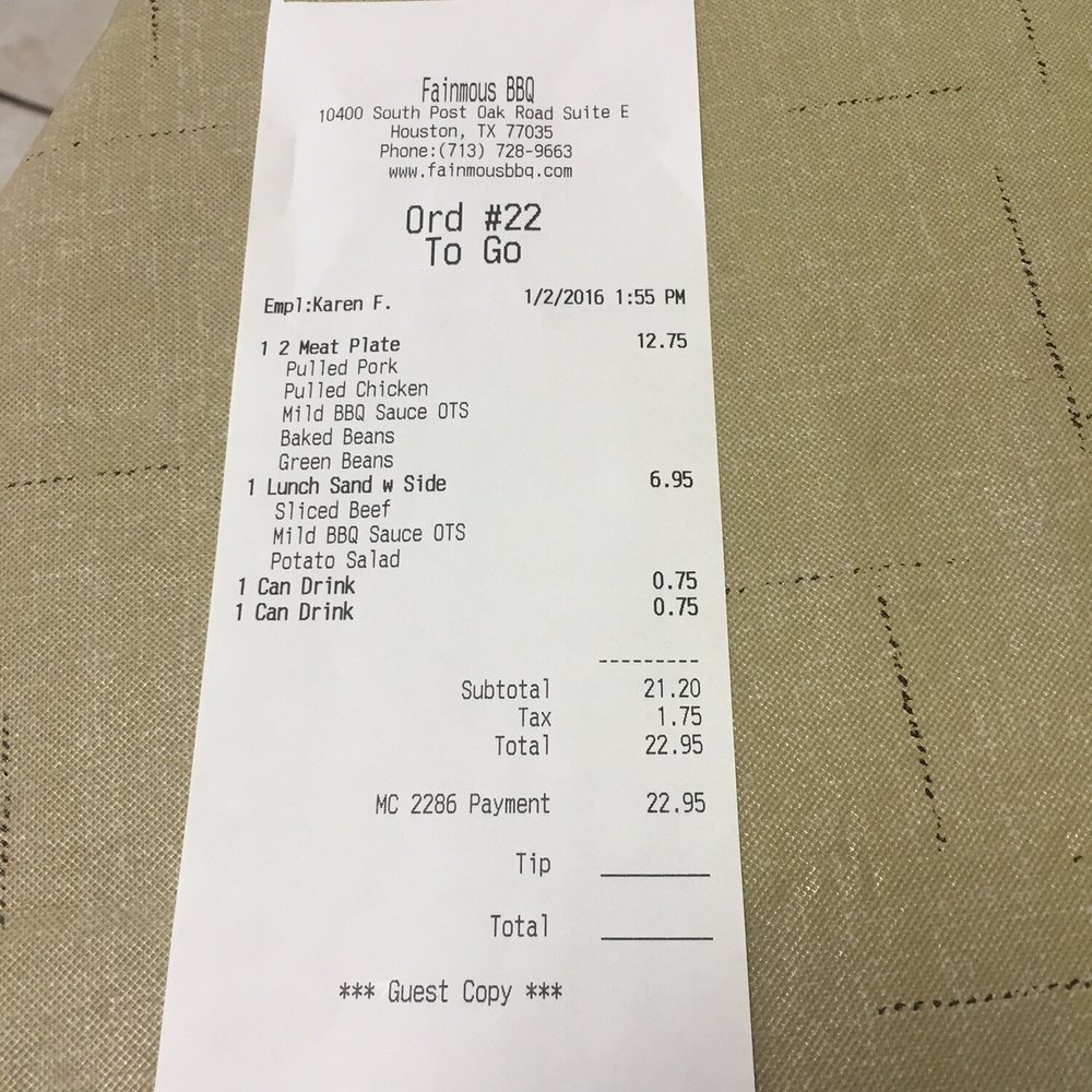 Fainmous BBQ - You can't get a cup of water with your meal in this restaurant you have to pay $.75 plus tax $22 for two very small meals - Barbeque Near Me - Houston, Texas Fainmous BBQ - You can't get a cup of water with your meal in this restaurant you have to pay $.75 plus tax $22 for two very small meals - Barbeque Near Me - Houston, Texas