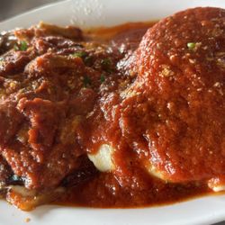 Spirito's Italian Diner - EGGPLANT PARMIGIANA (five layers of lightly battered and fried eggplant, mozzarella, and tomato gravy) with cheese ravioli