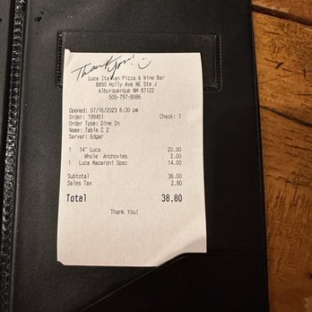 Pizzeria Luca - Pizzeria Luca.  Our bill. - Pizza Near Me - Albuquerque, New Mexico