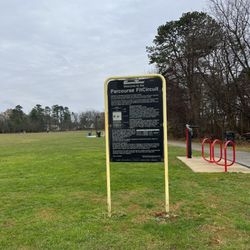 Lindenwold Memorial Park - Parcourse FitCircuit sign, bike fixing station, bike parking