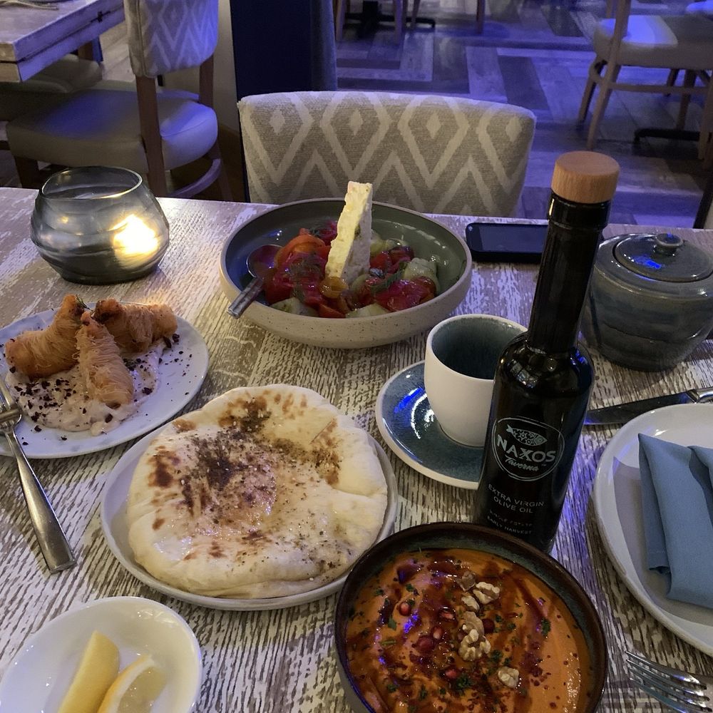 Naxos Taverna - Our appetizers Greek Salad, Muhammara dip, Kataifi wrapped prawns. - Greek Near Me - Las Vegas, Nevada Naxos Taverna - Our appetizers Greek Salad, Muhammara dip, Kataifi wrapped prawns. - Greek Near Me - Las Vegas, Nevada