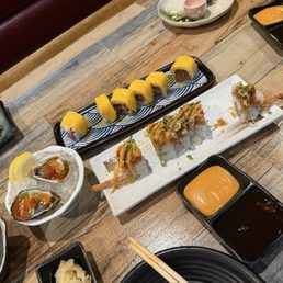 Oysters, Mussel Shooters, Aloha Roll (8), Godzilla Roll (8), Salmon Yuzu