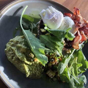 Three Blue Ducks, Byron Bay - Poached eggs on toast with bacon and avo hummus - Cafes Near Me - Byron Bay, NSW Three Blue Ducks, Byron Bay - Poached eggs on toast with bacon and avo hummus - Cafes Near Me - Byron Bay, NSW