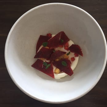 Amass Restaurant - Fourth course (dessert): milk ice cream, dehydrated strawberry jam, sweet pickled strawberries, black pepper oil. - Scandinavian Near Me - Copenhagen, 84