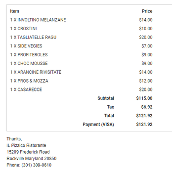 Il Pizzico - When spending $120 I expect better service - Italian Near Me - Rockville, Maryland
