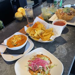 Keto Taco (pepper Jack cheese and chicken), Mezcal Soup, Chips & Salsa, Taco Salad Keto Taco (pepper Jack cheese and chicken), Mezcal Soup, Chips & Salsa, Taco Salad