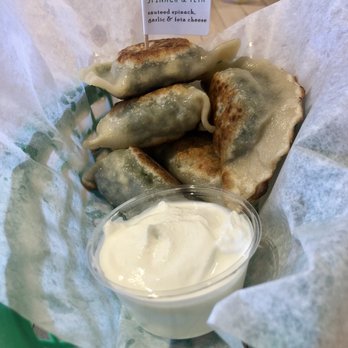 Baba's Pierogies - Fried Spinach & Feta Pierogies with Sour Cream - Modern European Near Me - Brooklyn, New York