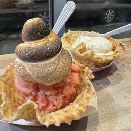 Strawberry Sorbet (9/10) & Bourbon Breakfast (7/10); both served in waffle bowls that were the perfect dipping companion
