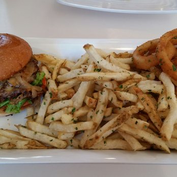 Burger Lounge - My Junior burger with our "half" order of fries and Onion rings. So much yumminess! - Burgers Near Me - Irvine, California