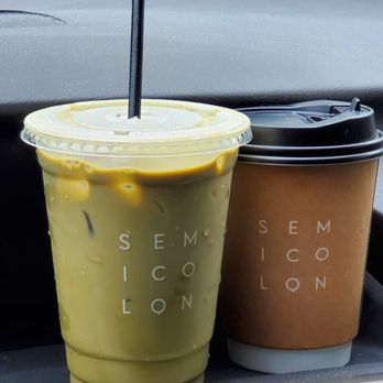 Semicolon Cafe - Left: matcha bomb ($6), Right: 12 oz. Latte ($5.5) - Coffee & Tea Near Me - Bellevue, Washington Semicolon Cafe - Left: matcha bomb ($6), Right: 12 oz. Latte ($5.5) - Coffee & Tea Near Me - Bellevue, Washington